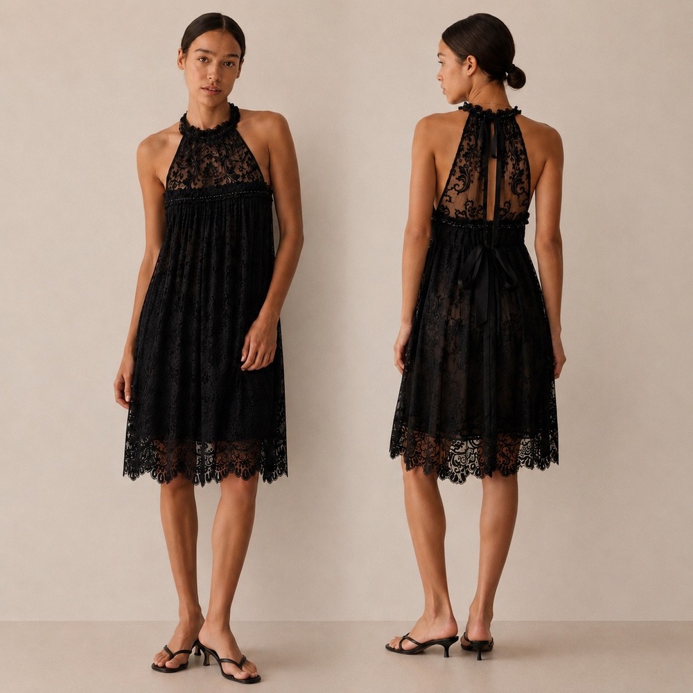 BCBGMAXAZRIA Beaded Lace Halter Cocktail Dress Womens Size 6 Black Floral LBD